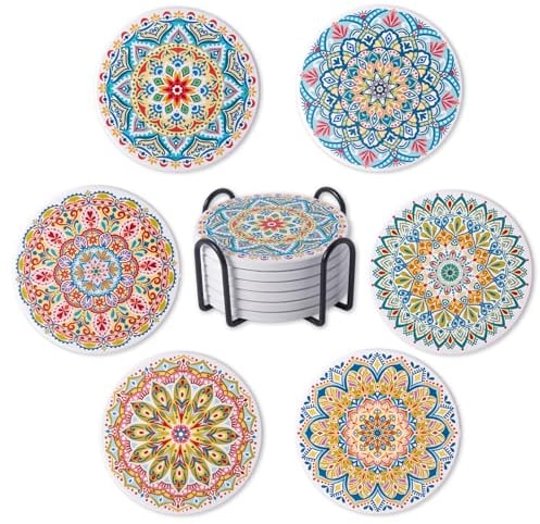 STARUBY Drink Coasters Set of 6 Ceramic Coaster Beautiful Absorbent Coaster Drink Mat with Cork Base Flower2 Patterns Round Coaster Non Slip for Coffee,Beer,Mug,Wine Glass Bottle,Home and Bar