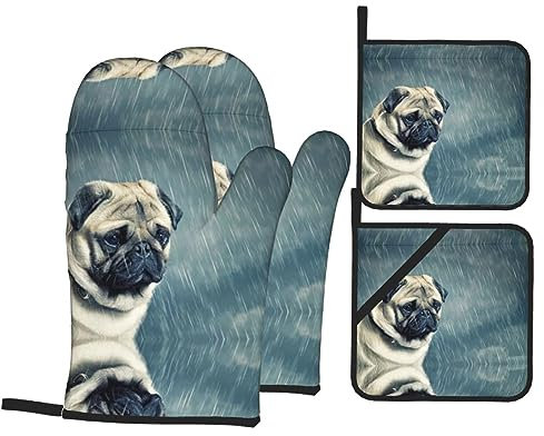 Lustiger Mops-Hund Küche Backen vierteiliges Set Topflappen Ofenhandschuhe zum Grillen Kochen und Backen