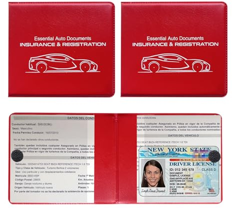 Sylvil 2 PCS Car Registration and Insurance Holder, Automotive Glove Box Organizers with Strong Closure for Essential ID Card, License Document, Universal Interior Car Accessories (Red Small Car)