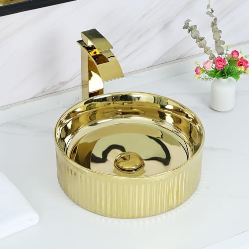 Davivy Fregadero redondo dorado de 14.6 pulgadas con drenaje emergente, fregadero de cerámica, fregadero de baño redondo, fregaderos de baño sobre encimera, fregadero de recipiente dorado, fregadero