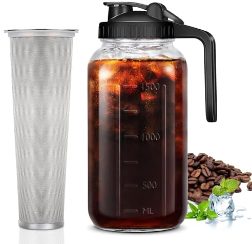 NICEMHAPU Cold Brew Coffee Maker Pitcher, Mason Jar Pitcher with Pour Spout Lid and Stainless Steel Filter, 2 Quart (64 Oz / 1.9 Liter) Glass Water Pitcher for Coffee, Breastmilk, Sun Tea, Iced Tea