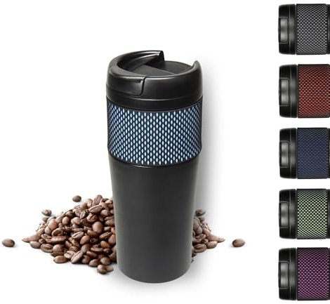 Thermobecher 'Temptation' groß - Kaffeebecher to go doppelwandig - Edelstahl Vakuumbecher mit Manschette - 500ml to go Becher - Reisebecher mit Deckel, Farbe:schwarz/hellblau