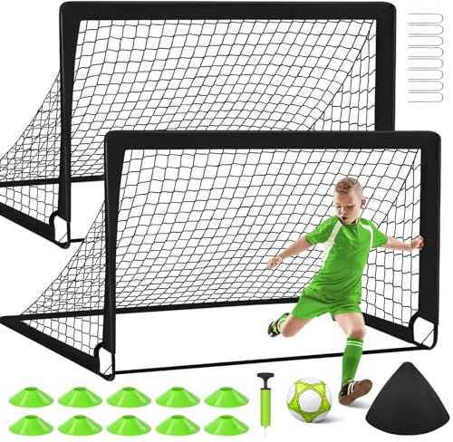 1 oder 2 Fußballtor Kinder mit Tragetasche 10 Fußballkegel, 1.2 x 0.9 m | Fussballtore für Garten Kinder, Fussball Tor Outdoor Fussballtor, für den Garten oder Park, Blau/Schwarz