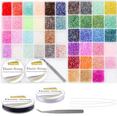 EuTengHao 16800pcs Tubo de Cuentas de Cristal Bugle Granos de la semilla Pequeñas cuentas de artesanía para la joyería de bricolaje haciendo suministros (3 mm, 350 por color, 48 colores)