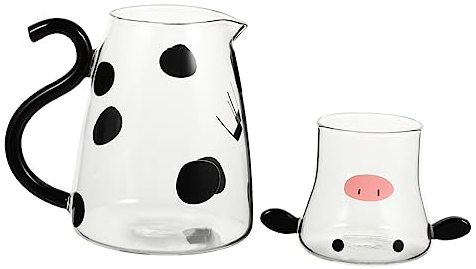 Garneck Cartoon Cow Glass Water Carafe Cute Household Glass Milk Pitcher and Cup Set for Cold Water Bottle