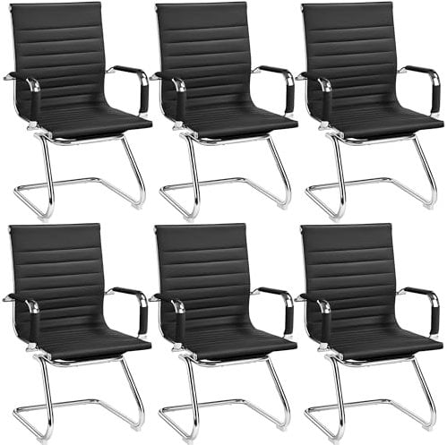 Yaheetech Set 6 Sedie Ufficio Cantilever Senza Ruote per Ospiti Visitatori Riunioni Conferenza Ergonomiche in Pelle Sintetica con Schienale e Braccioli Nero