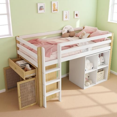 Sapgaks Kinderbett 90x200 mit 2 Aufbewahrungsschrank und Leiter, Hochbett 90x200,multifunktionales Kinderbett,etagenbett,rausfallschutz,einzelnes,ohne Matratze,Natur Weiß