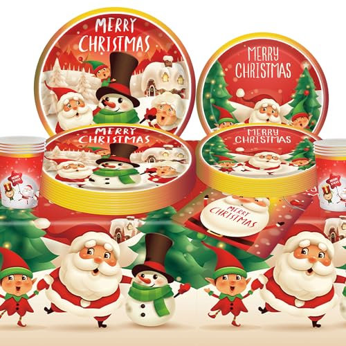TOOELMON 69Pcs Christmas Party Tableware Set,Christmas Dinnerware Set Xmas Tableware Decor with Christmas Tablecloth,Paper Plates Napkins and Cups