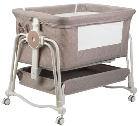 suihuooo 4 In 1 Beistellbett Baby, Reisebett Baby, Babybett 7 Fach höhenverstellbar mit Aufbewahrungskorb & Tragetasche, Licht Kinderbett mit Rollen, Matratze und Moskitonetz(Khaki)