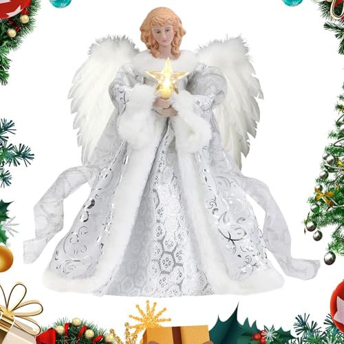 Fizepgo Christmas Tree Angel Topper | Christmas Tree Fairy Fabric Xm-as Tree Fairy Topper | Christmas Decorations Light Up Angel - Angel For Top Of Christmas Tree For Home Party Decorations