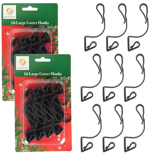 SHATCHI 32Pcs Giant Black Gutter Hooks for Outdoor Hanging Christmas String, Rope Lights Decorations –UV-Protected, Weatherproof, Reusable Clips, Pack of 32