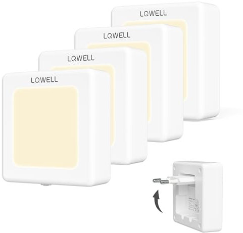LQWELL® Nachtlicht Steckdose Faltbar mit Dämmerungssensor, Nachtlampe Einstellbare Helligkeit, Automatisch Steckdosenlicht, Orientierungslicht Warmweiß für Kinder Zimmer Gang Treppen (Weiß, 4 STK)