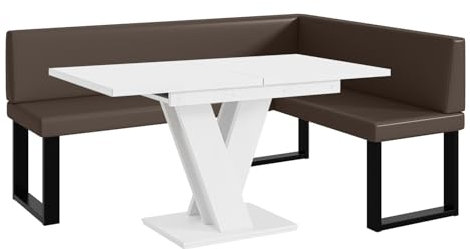 MEBLINI Eckbank für Esszimmer mit ausziehbarem Tisch - Küchenbank - Essecke - Sitzecke Küche - Toni - U-Beine 128x168x87cm Rechts - Braun Kunstleder/M Weiß Matt