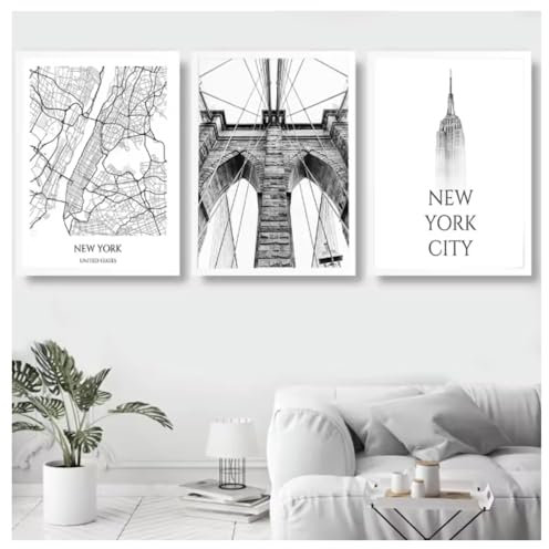 Poster mit Stadtplänen von New York Schwarz-Weiß-Landschaft Leinwandgemälde HD-Drucke Wandkunst Bild für Wohnzimmerdekoration 40x50cmx3 ungerahmt