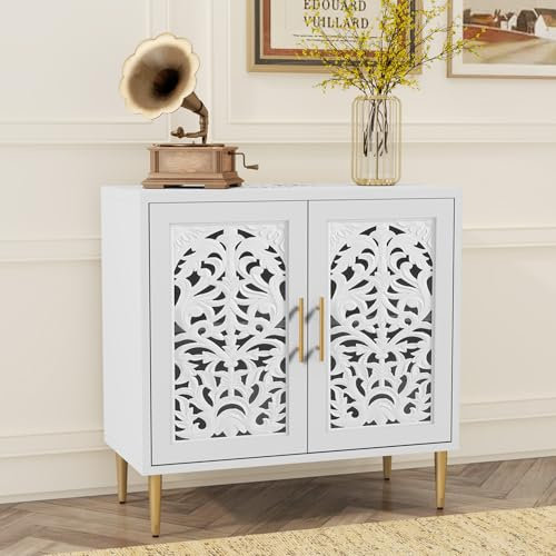 Wooden Sideboard Storage Cabinet with 2 Doors, Vintage Hollow Carving Buffet Accent Cabinet, Modern White Sideboards for Living Room, Kitchen, Dining Room, Hallway