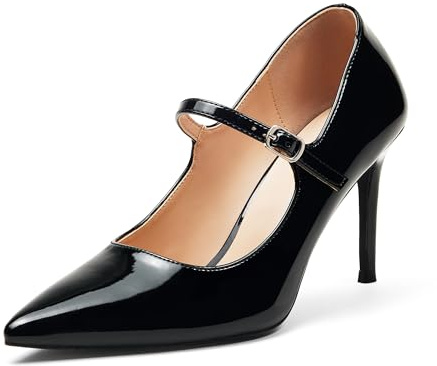 GENSHUO Mary Jane Pumps Damen 8 cm Stilettoabsatz Spitze Zehen Lackleder Elegant Bequem für Büro Party Vintage Design, Schwarz, 42 EU