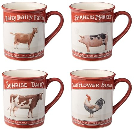Certified International 16-Ounce Mugs, Set of 4, Farm Animal Designs with Red Accents & Vintage Typography, Durable & Rustic, Perfect for Coffee, Tea, Soups & Farmhouse-Style Kitchens, Multicolor