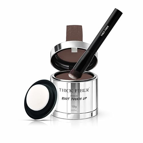 THICK FIBER Root Touch Up & Hairline Powder with Brush (LARGE 10g) – Covers Grey Roots, Thinning Hair & Bald Spots – Sweat & Water Resistant Hair Concealer for Women & Men (Medium Brown)
