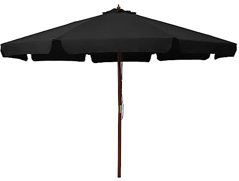 HaoChrymec Sonnenschirm mit Holzmast 330 cm, Polyester Stoff, Entlüftungs- und Doppel-Seilzug, Sonnenschutz für Balkon, Terrasse, Garten, Schwarz, 330 x 240 cm