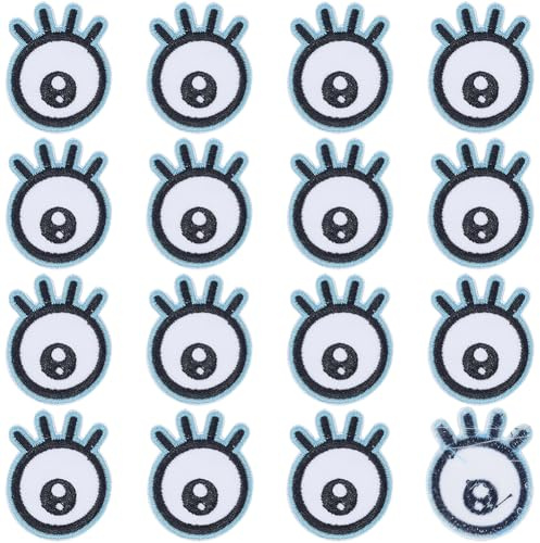 GORGECRAFT 15 Stück Blaue Augen Aufnäher Zum Aufbügeln Niedliche Augen Mit Gestickten Wimpern Weiß Blaues Polyester Stickabzeichen Aufnäher Zum Aufnähen Für Hüte Jeans Jacken Kleidung Taschen DIY Nähz