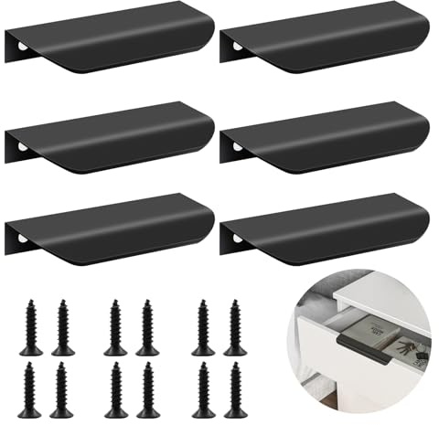 Yeria 6 Pack Süblack Kitchen Handles Invisible Cabinet Handles 64mm Hole Centre, Flush Pull Handles for Kitchen Cabinets, Wardrobe Doors, Drawers（Matt Black）