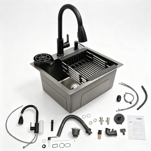 45 * 40 Schwarze Kleine Küchenspüle Edelstahl Unterbauspüle Multifunktionsspüle Moderne Edelstahlspüle Rechteckig Mit Hahnloch Ablaufgarnitur Stöpsel Siphon Gemüsesieb Seifenspender Black Sink