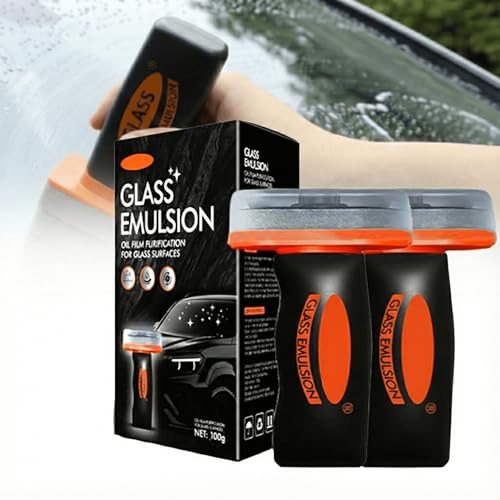 2Pcs Car Glass Cleaner and Car Window Cleaner Kit with Handheld Brush, Windscreen Oil Film and Traffic Film Remover, Glass Emulsion Cleaner for Mirrors, 100g x 2