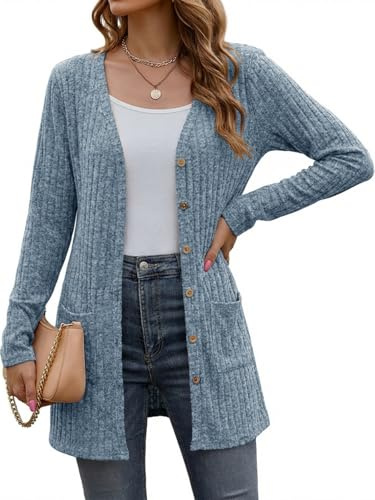 Cicy Bell Cardigan lungo da donna con bottoni, elegante, a maniche lunghe, con tasca, aperto sul davanti