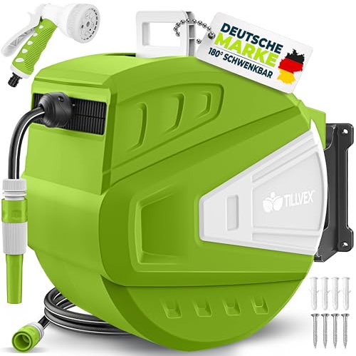 tillvex® Schlauchtrommel Wasser 35 m + 2 m mit Wandhalterung + Tragegriff Automatik Gartenschlauch-Schlauchabroller 180° Schwenkbar | Wand-Schlauchbox Automatisch + Multi Handbrause mit 9 Modi