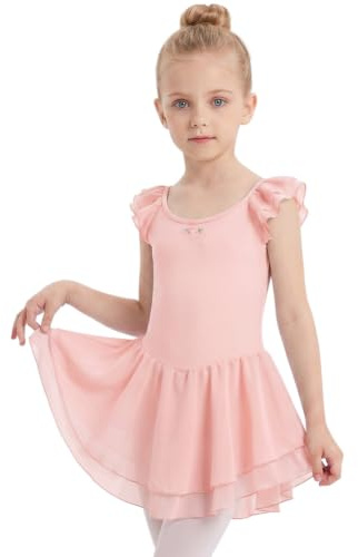 AOOWU Vestido de Ballet para Niña, Maillot de Danza Tutú, Traje de Ballet para Niñas con Falda Irregular con Cierre de Broche en la Entrepierna, para Clases de Danza, Gimnasia para 6-7 Niños（Rosa）