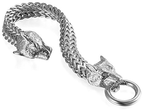 Men's stainless steel, bike chain, wolf head bracelet, silver, 12 mm, wide biker link wrist, polished chain bracelet