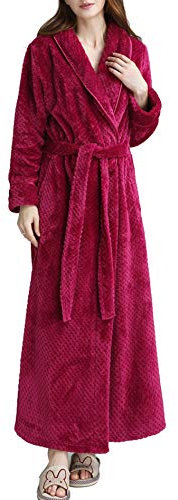 DSNOW Peignoir Femme Velours Robe de Chambre Polaire Femme Chaud Long Flanelle Peignoir de Bain Eponge Hiver Longue pour Le Cadeau de Noël Rose Rouge L