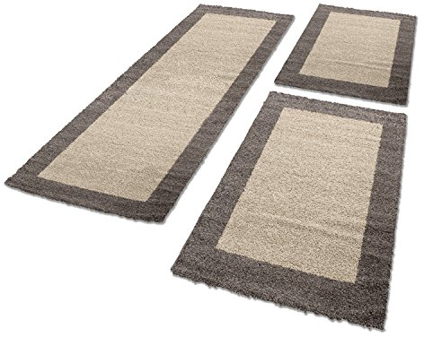 HomebyHome Bettumrandung Schlafzimmer 3 teilig Teppich Taupe - Waschbarer Bettumrandung Teppich Läufer Set Extra Flauschig Bettvorleger Schlafzimmer Bettset:2 St. 60x110 cm | 1 St. 100x200 cm