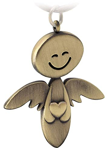 FABACH Schutzengel Schlüsselanhänger Smile mit Herz - Edler Engel Anhänger aus Metall in mattem Bronze - Geschenk Glücksbringer Auto Führerschein - Fahr vorsichtig