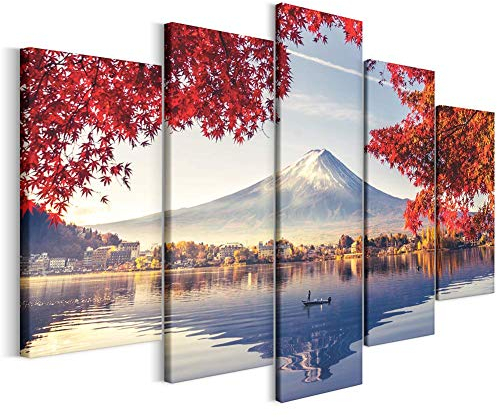 Revolio Leinwandbild Wandbilder Wohnzimmer Modern Kunstdruck Wanddekoration Deko Mehrteilige Leinwand Bilder 5 Teilig TYP A, 150 x 100 cm - Bäume See Berg Fuji rot Blau