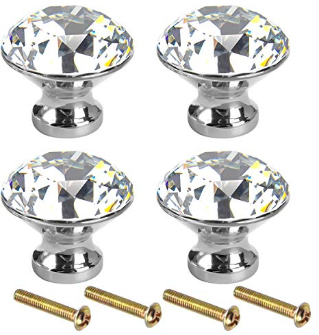 4 Pcs Crystal Door Knob Clear Glass Cabinet Knobs Round Cupboard Cabinet Drawer Handle Diamond Shape Pull Handle of Solid Zinc Alloy Glass Single Hole for Furniture Kitchen Home Decor 30mm with Screw