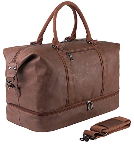 Leather Travel Bag with Shoe Pouch,Weekender Overnight Bag Waterproof PU Leather Large Carry On Bag Travel Tote Duffel Bag for Men or Women