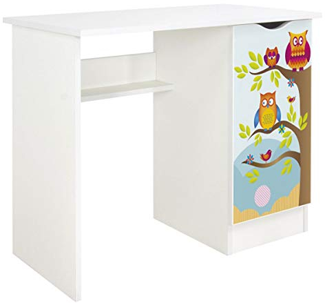 leomark scrivania per bambini in legno 90cm x 50cm x 77cm (LxPxA), set di mobili per computer, scrittoio stile moderno, tavolo per imparare e giocare, mobili per la camera dei bambini, Gufi