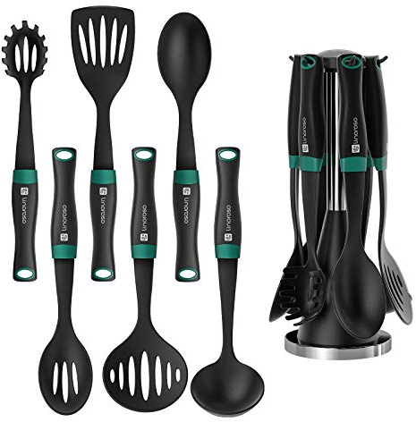 Linoroso Kitchen Utensils Set 6 Pcs, Cooking Utensil with Exquisite Rotating Stand Innovative Weighted Handle Included Non-Stick Spatula Spoon - Black & Peacock Green (BPA Free, Non-Toxic)
