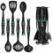 Linoroso Ustensiles de Cuisine 6 Pièces Nylon Anti-adhérent Accessoire Cuisine Set Comprend une Spatule Louche Cuillère à Pâtes avec Support Pivotant et Poignée Lestée Innovante - Noir et Vert Paon