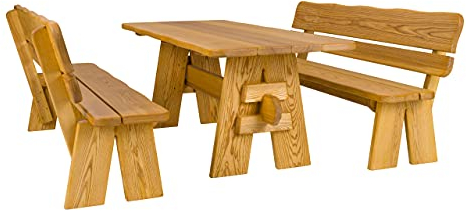 ARESSO Holzmöbel-Set „Tirol“ aus massivem Eschenholz, 1 x Tisch + 2 Sitzbänke mit Rückenlehne, Tisch L200 x T90 x H76,5 cm, Holzbank B200 x H90 cm, Sitzhöhe 46,5 cm, Sitztiefe 39 cm
