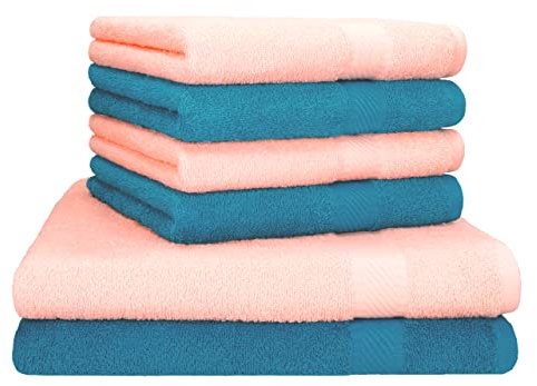 Betz Palermo 6er Set Handtuch 2 Stück Duschtücher 70x140 cm 4 Stück Handtücher 50x100 cm Liegetuch Saunatuch - Petrol - apricot
