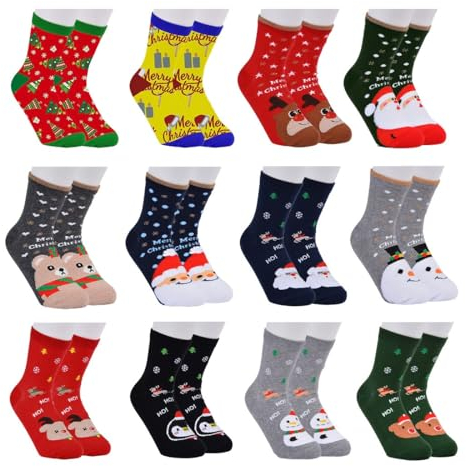 Vertvie 12 Paar Unisex Weihnachtssocken Christmas Socks Weihnachtsmotiv Weihnachten Festlicher Baumwolle Socken Mix Design für Damen und Herren (Einheitsgröße, 12er Pack04)