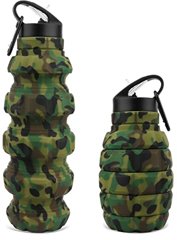 QiCheng&LYS20.4oz Silicone Collapsible Water Bottle Reusable Portable Foldable Water Bottles BPA Free Safe and Heathy Leak Proof for Sports Hiking Trip and Camping…(Camouflage Green)