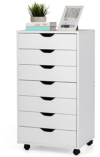 CASART Rolling File Cabinet, 5/7 Drawers Freestanding Storage Organizer Cupboard on Wheels, Home Office Lateral Filing Chest (White, 7 Drawers)