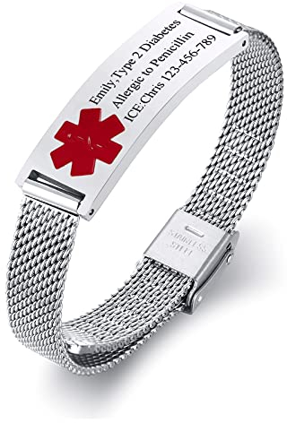 VNOX - Pulseras de alerta médica para hombres, mujeres y niños, ajustable, malla, acero inoxidable, pulsera de identificación médica de emergencia, personalizable