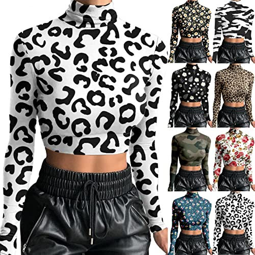 Azruma Basic Tops Damen Rollkragen Slim Langarm Y2K Crop Top Sexy Kurz Bedruckt Oberteil Casual Party Bauchfrei T-Shirt Stehkragen Lange Ärmel Tee Sports Workout Yoga Bluse E-Girls Streetwear