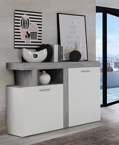 Forte JULEDA Moderne Kommode 120 130 mit 2 Türen und Einlegeböden, Sideboard Wohnzimmer, Holzwerkstoff, Nordisch Eiche Grau Holzdekor/Weiß, 128,4 cm breit x 91,5 cm hoch x 33,8 cm tief