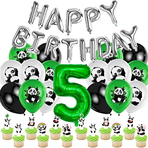 Panda 5 Jahre Geburtstag Dekoration 33 Stück,Grünen Luftballon Nummer 5,Panda Geburtstags Banner,Panda Geburtstag Luftballons,Panda Tortendeko,Panda Cake Topper,für 5 Jahre Kinder Party Dekorationen