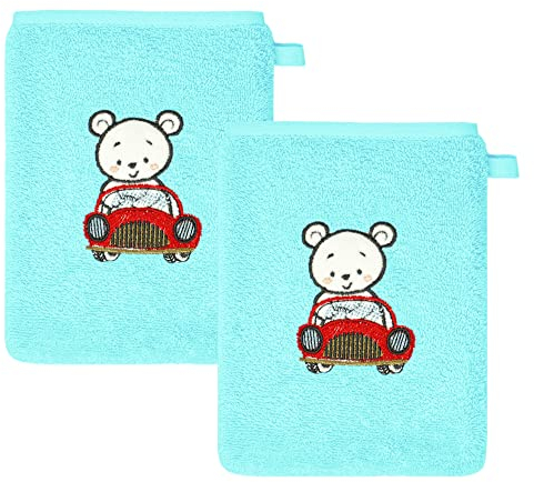 Lashuma Flauschige Waschhandschuhe Bestickt mit Auto 15x21 cm, Kleine Babyhandtücher blau, Babytücher Set weich